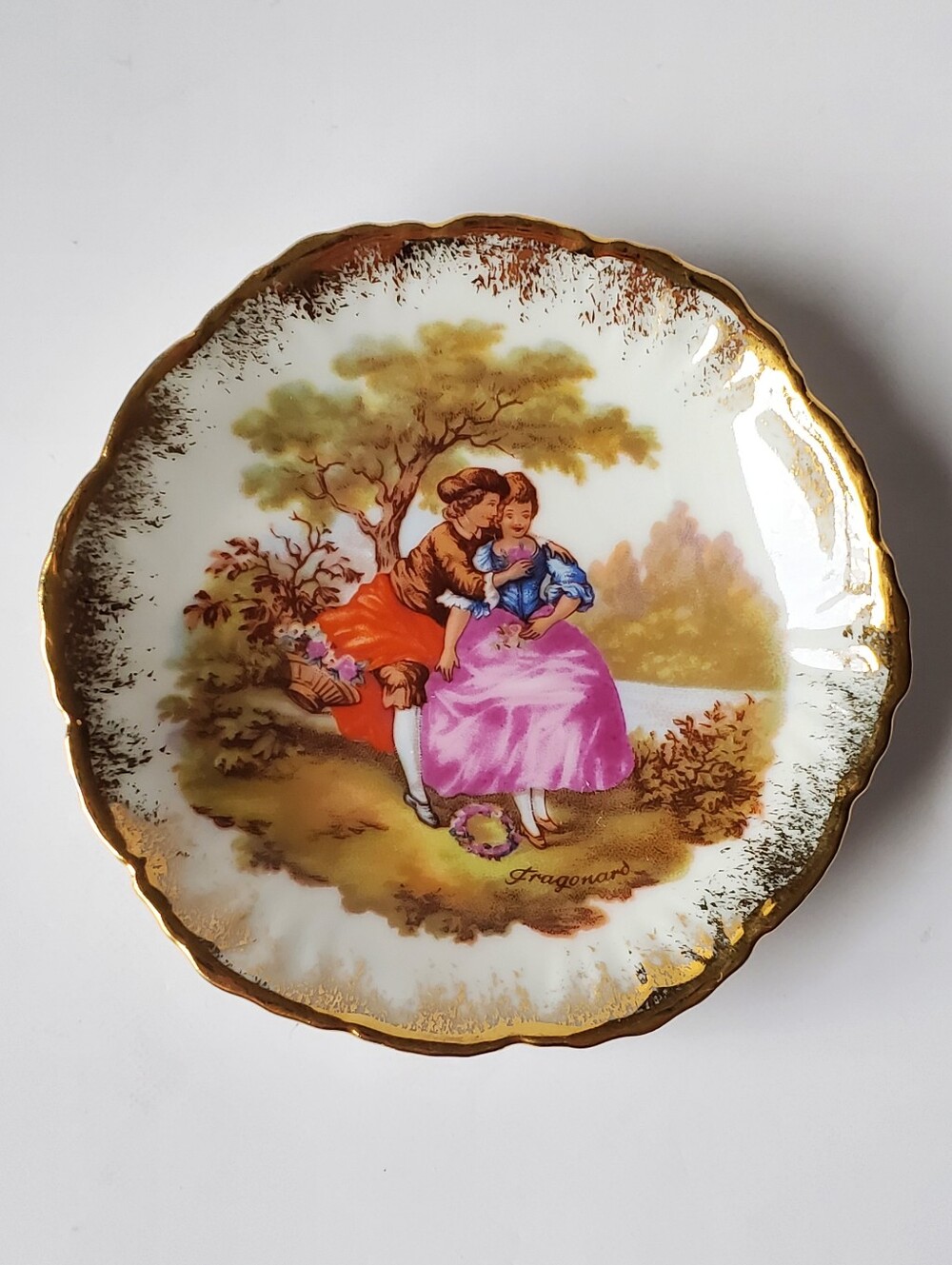 Vintage Limoges France Fragonard Miniature Porcelain Trinket Dish Gold Trim